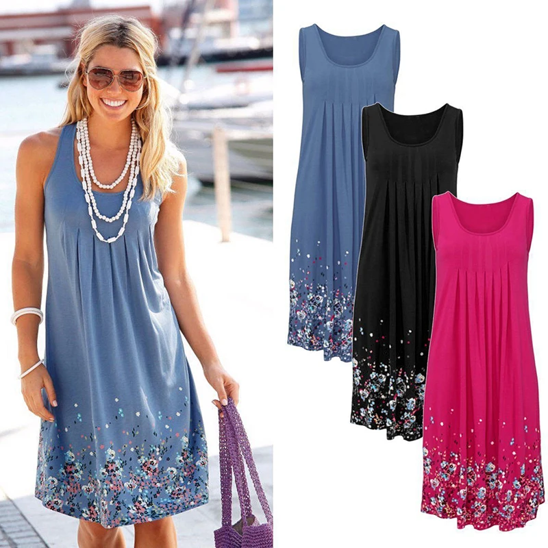 

Women Casual Sleeveless Loose Oversize Strech Dress Bohemian Beache Knee-length Digital printing Dresses