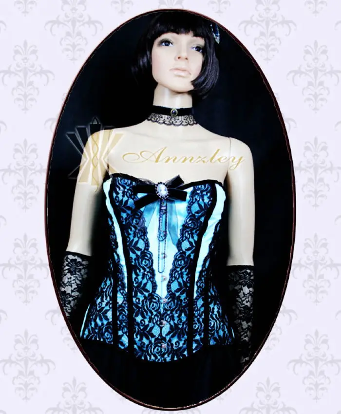 Annzley Corset! Annzley Exquisite Sexy Sky Blue Black Lace Bow Flowers