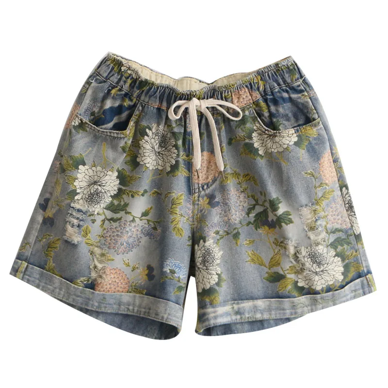 

High Waist Ripped Denim Shorts Women Summer Casual Floral Print Cotton Jeans Summer Feminino Short Pants