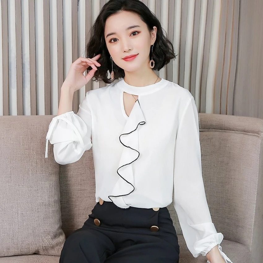 

White Blouse Women Chiffon Shirt Ruffles Wave Lantern Sleeve Lace Up Tops Loose Hollow Out Spring Autumn blusas femininas T97791
