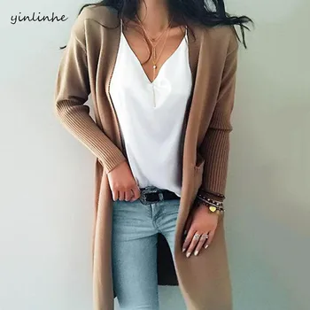 

yinlinhe Khaki Long Cardigan Women Cashmere Solid Knit Sweater Women Long Sleeve Winter 2019 Pockets female Cardigan Kimono 737