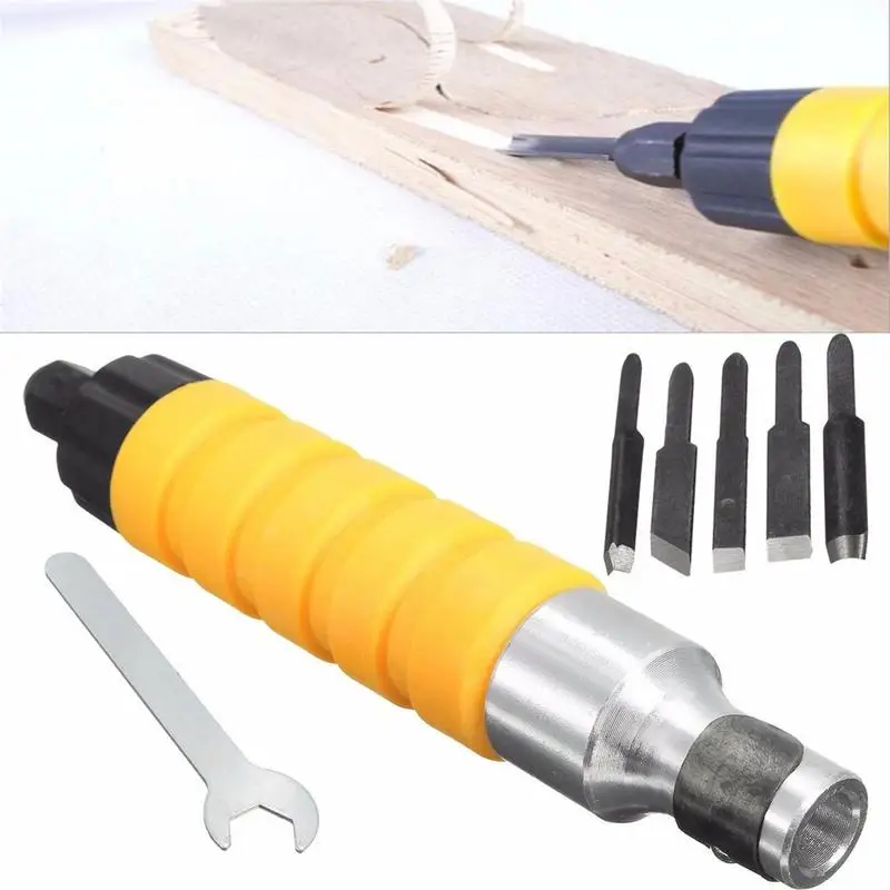 1 Set Of Electric Wood Chisel Carving Tool Electric Wood Cutter Chisel Engraving Knife Tool W/ 5 Blades +Wrench Woodworking Tool