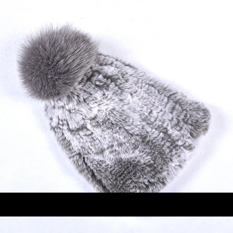 Зимняя меховая шапка для женщин, настоящий мех кролика, шапка с лисьим мехом, помпоны, меховые вязаные шапочки - Цвет: NO.4 White and gray