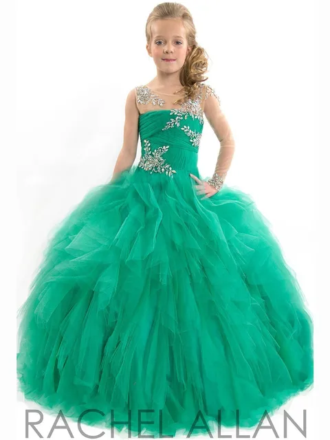 Cheap New Arrival Ball Gown Stage Green Flower Girls Dresses Single Long Sleeve Crystal Girl Pageant Dress Children Prom Dress 2-16