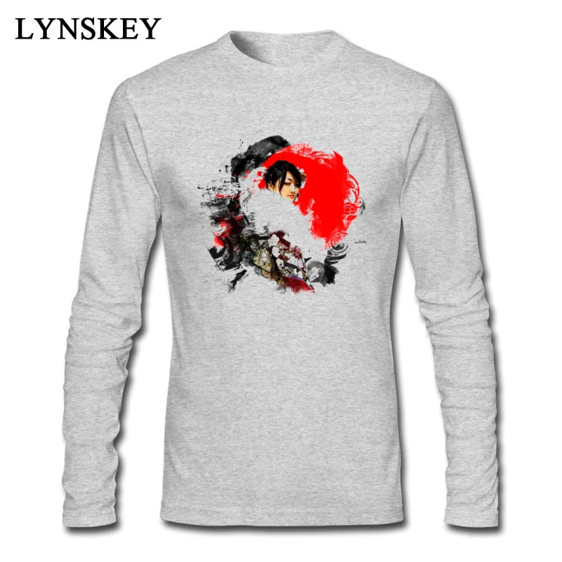 Cotton Fabric T-Shirt for Male Long Sleeve Custom Tops Tees Discount Summer/Autumn Print Japanese Geisha O Neck Tee-Shirt Japanese Geisha grey