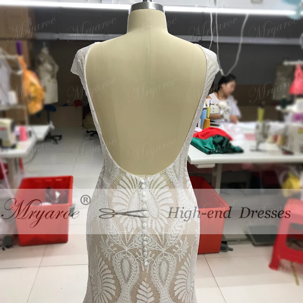 Mryarce Unique Lace Bohemian Wedding Dress With Cap Sleeves Open Back Mermaid Boho Bridal Gowns  (1)