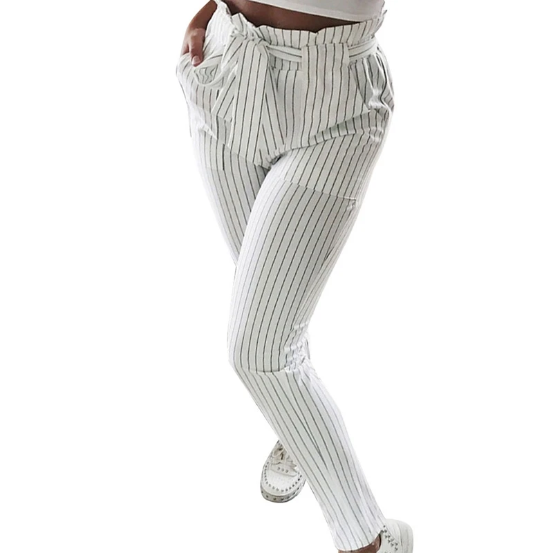 Women Summer Autumn Ankle Length Pants Black White Stripes