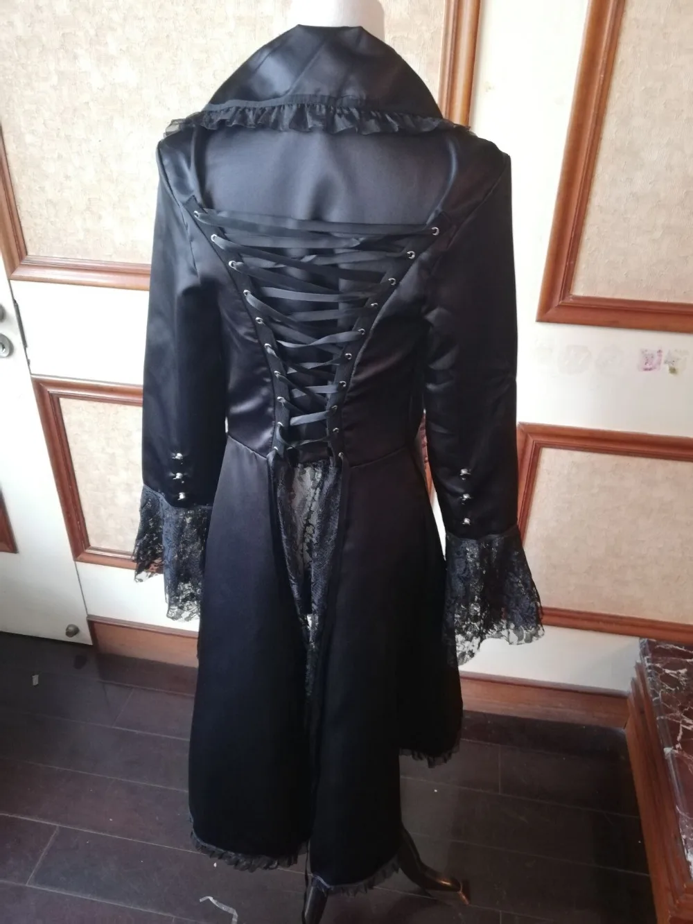 Women Lace Trim Lace-up High Low Coat Black Steampunk Victorian Style Gothic Jacket Medieval Noble Court Dress S-3XL