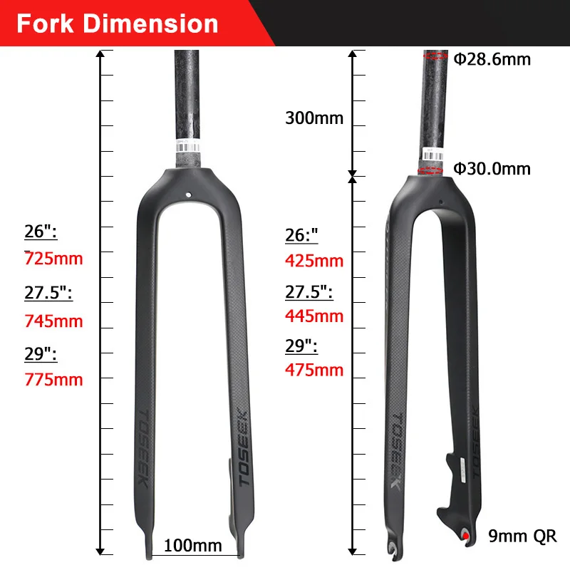 TOSEEK 3K Углеродное волокно MTB вилка горный велосипед жесткий прямой дисковый тормоз супер светильник 28,6 мм(1-1/") 26/27. 5/29" вилки