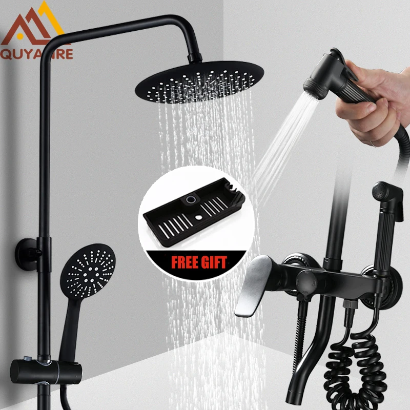 quyanre wanfan gappo black shower faucet kit with commodity shelf bidet swivel tub spout 3-way mixer tap bath shower faucet