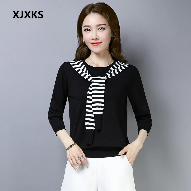 XJXK Skorean Young women футболка Летняя Тонкая Вязаная Эластичная декоративная шаль Топы в полоску удобная женская футболка - Цвет: Черный