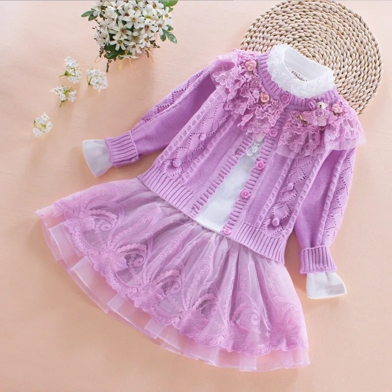 

2022 kids flowers Girl Clothing Sets chiffon skirt 3pcs Princess lace spring autumn infant clothing china 2 3 4 5 6 8 years old