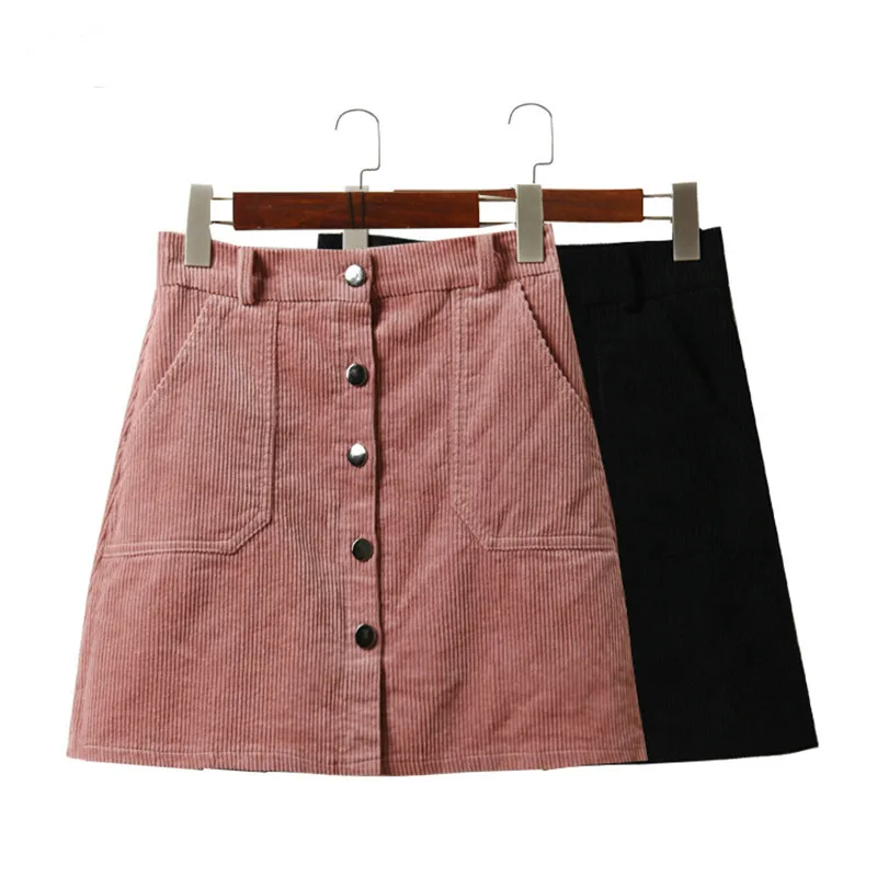 

Spring Office Lady School Women's Short Skirt Denim Style Button A-line Corduroy High Waist Pocket Mini Skirt