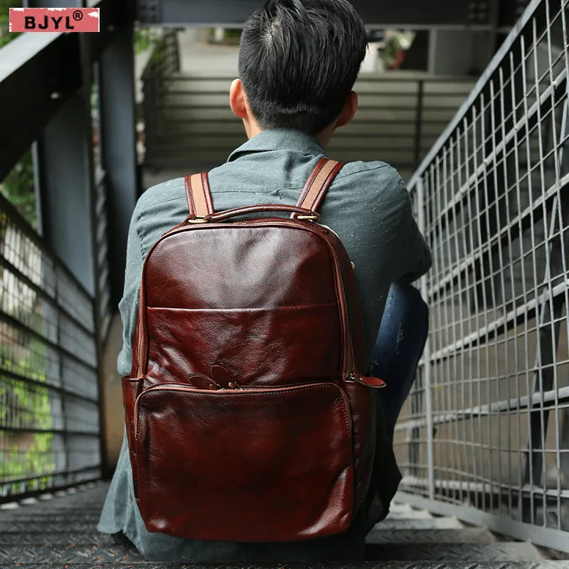 1 2 Original Retro Tasche Männer Bjyl Laptop Männlichen Schulter Rucksäcke Computer Handgemachte Weiche Echtes Top Rucksack Leder Schicht Rindsleder xqBBwTvU