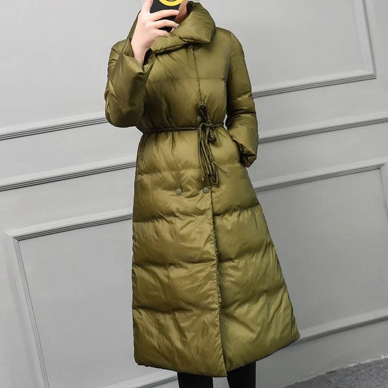 2017 Winter Down Jackets Women's Coat White Duck Down with Belt Longer Knee Women's Double Breasted Jackets Oversized QH0925