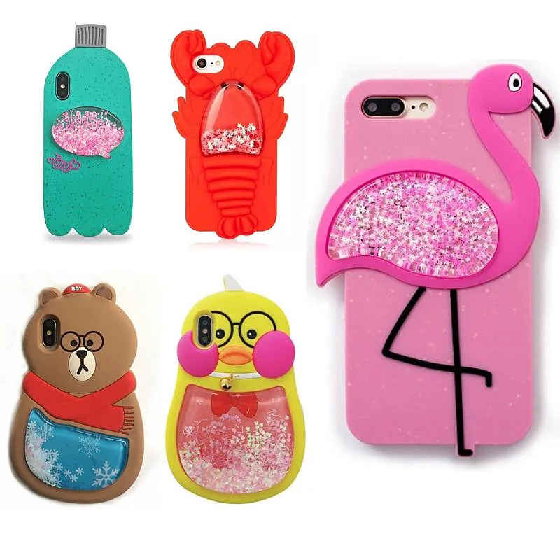 

3D Soft Silicone Cover for iphone X 6 6s 7 8 Plus Glitter Drinks Bottle Bear lobster Back Phone Case