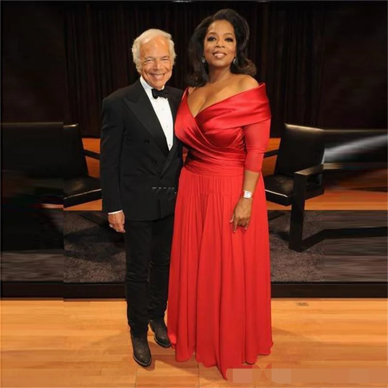 

Oprah Winfrey Off the Shoulder Plus Size Evening Dress 2019 3/4 Long Sleeve Ruched Red Chiffon Prom dresses Cheap robe de soiree