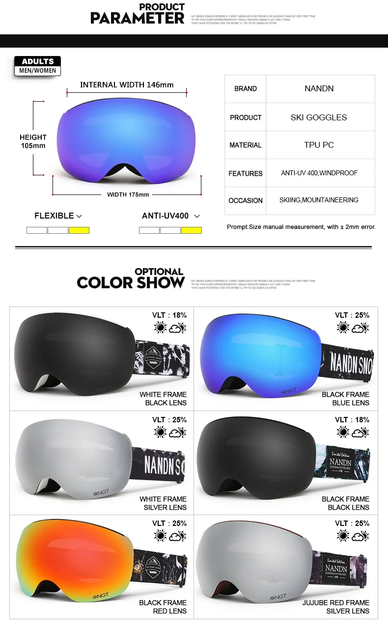 NANDN Brand Ski Goggles Men Women Snowboard Goggles Ski Glasses UV400 Protection Snow Skiing Glasses Anti-fog Ski Mask NG10