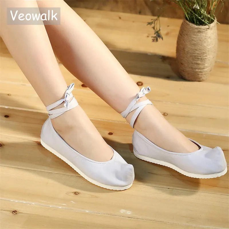 Cheville Vierge Coton En Bout blanc Femmes Nez Ballet forme Plate Bracelet Chaussures Casual Costume Dames Vintage Plaine Dentelle Toile Gris Veowalk Appartements XZq8xvv