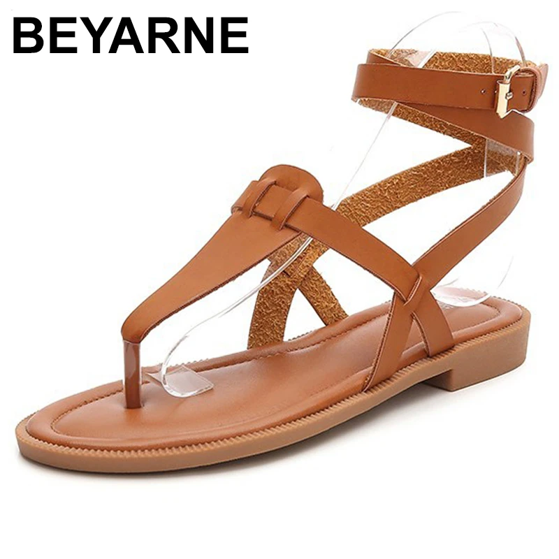 

BEYARNE 2019 Women Rome Gladiator Sandals Summer Casual Flats Flip Flops Ankle Strap Buckle Faux Leather Shoes Preppy StyleE673