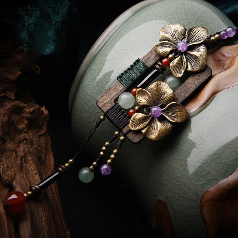 Бронзовые цветы модное деревянное квадратное винтажное ожерелье авантюрин винтажное ювелирное изделие, новое этническое ожерелье Кристальное ожерелье свитер