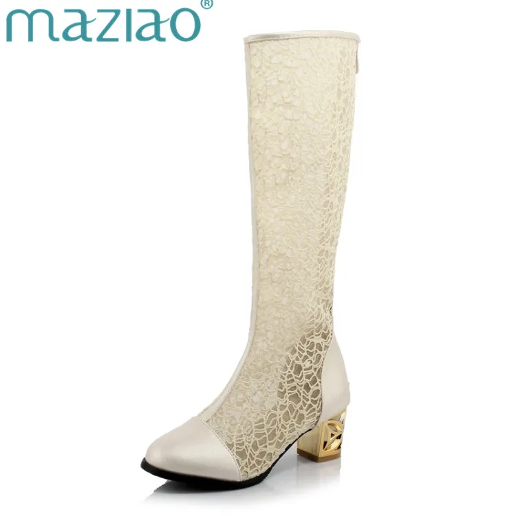 

MAZIAO Sexy Lace Summer Women Boots Casual Medium Thick Heel Knee High Boots Fashion Cut-out Black White Breathable Ladies Shoes