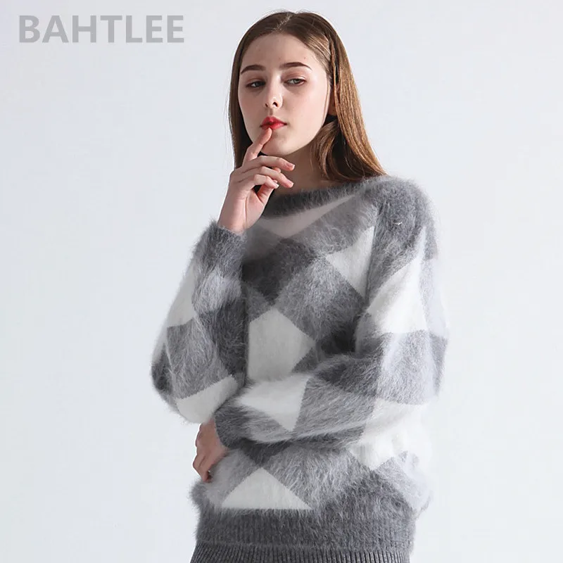 Goedkoop Bahtlee Herfst Winter Vrouwen Angora Konijn Gebreide Lantaarn Mouwen Truien Trui Colorblock Diamant Geometrie Warm Houden