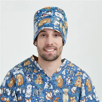 

2019QHS Unise Printed Hospital Medical Caps Doctors Nurse Lab Surgical Cap 100% Cotton Adjustable Clinic Operation Hat 953