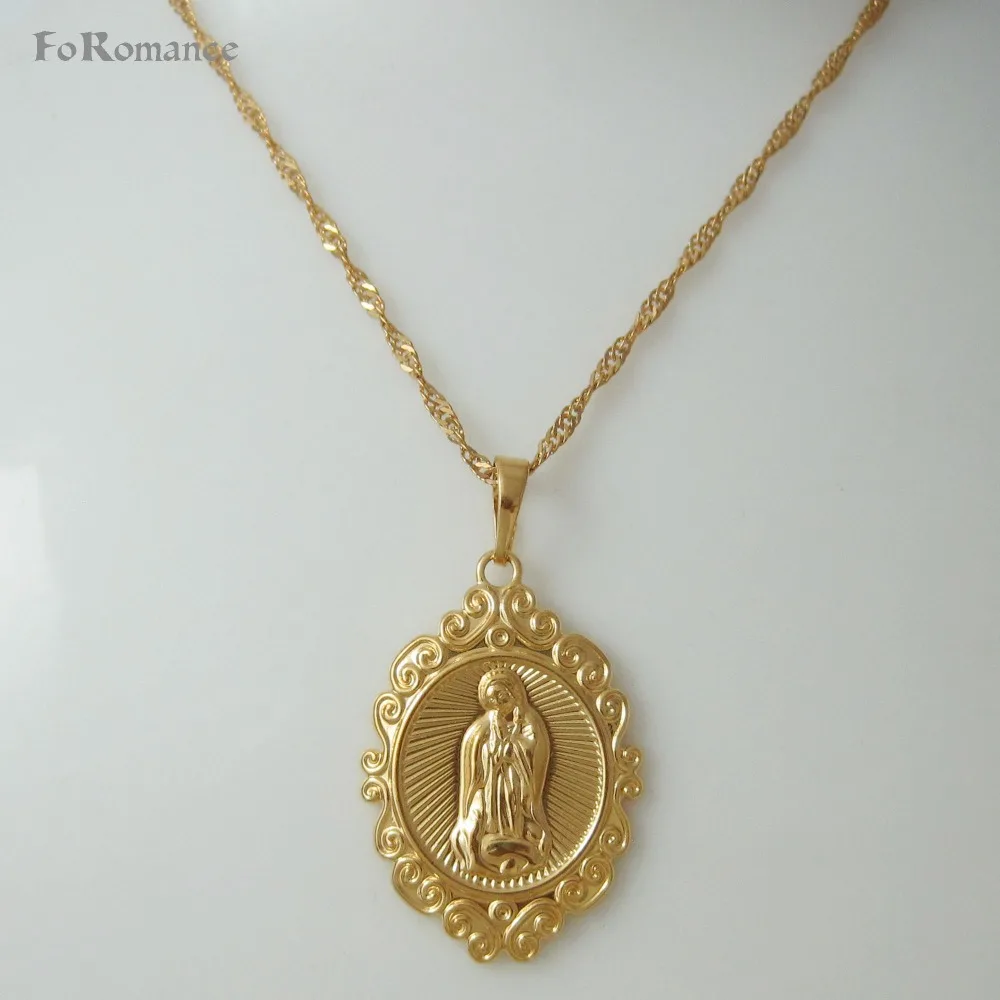 

FOROMANCE YELLOW GOLD GP 18" WATER WAVE NECKLACE & VIRGIN MARY GOD Christianity Church HIGH SHINNING OVAL PENDANT HANGS 1.5"
