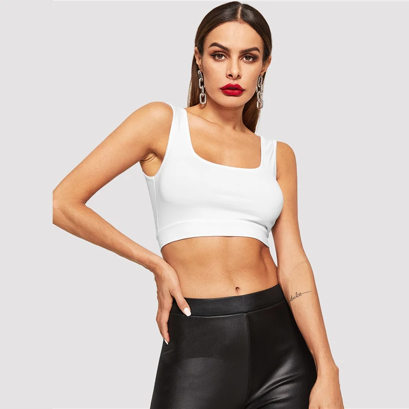 Solid Crop Tank Top, топ для фитнеса с глубоким вырезом, одежда для активного отдыха, обтягивающий спортивный бюстгальтер, летний модный женский топ для тренировок, белый укороченный топ