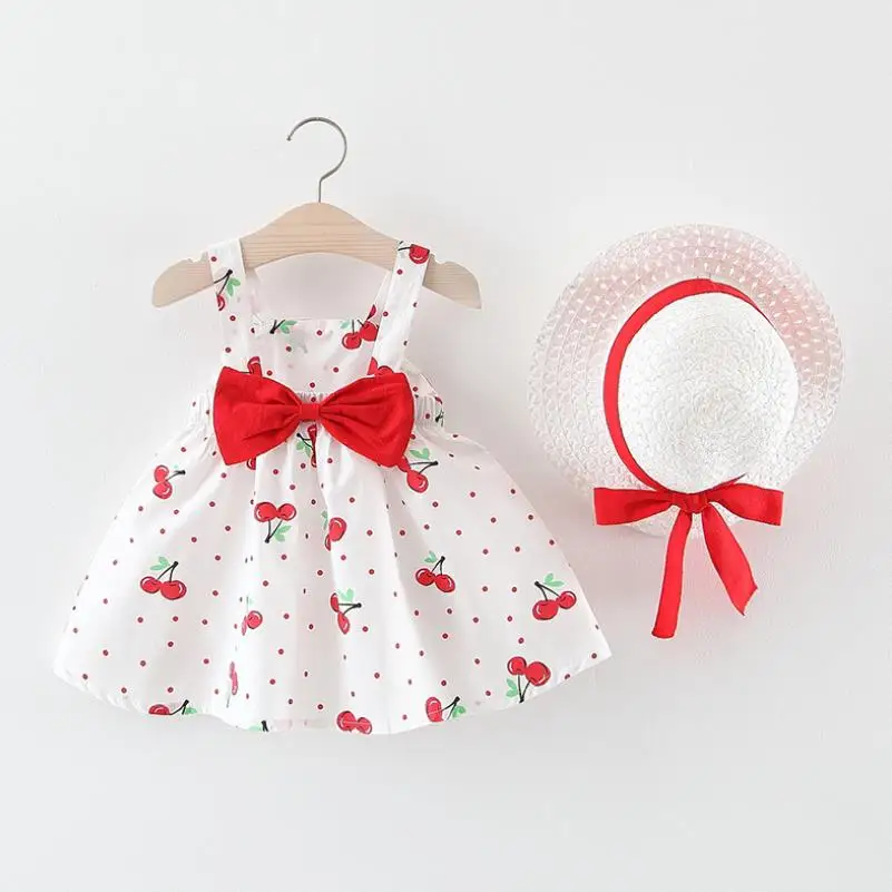 

2019 New Summer Baby Infants Girls Kids Children Dresses Printed Dot Cherry Princess Bow Straped Dress Tutu+Sun hat 0-3Y
