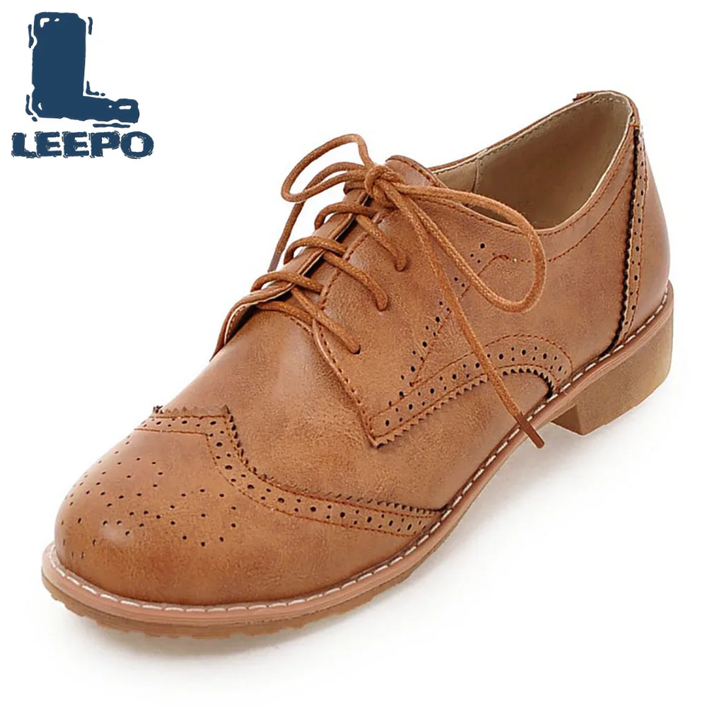 

LEEPO Oxford Shoes Woman Vintage Perforated Wingtip Retro Brogue Shoes Ladies Spring Autumn Large Size Lace-Up Female Oxfords