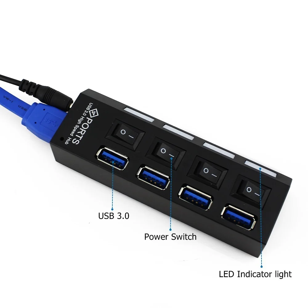 USB 3,0 концентратор Высокоскоростной 4 порта USB3.0 с DC 5 В/2A порт питания индивидуальные вкл/выкл переключатели USB разветвитель концентратор для MacBook ноутбука ПК