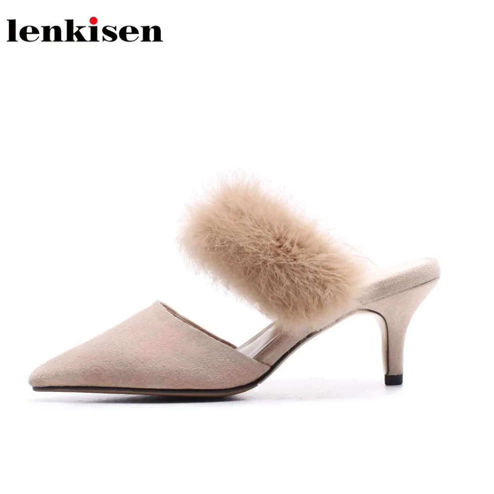 

Lenkisen elegant pointed toe slip on brand Spring shoes high heels shallow kid suede rabbit hair concise style women pumps L05