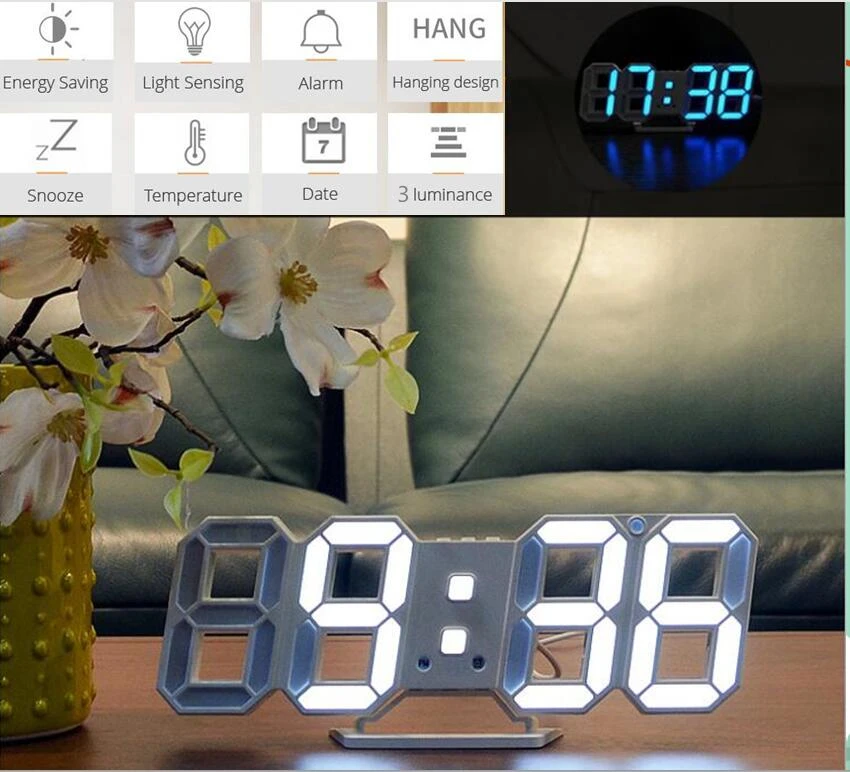 3D large watch wall clock modern Digital Nightlight Saat wall wanduhr silent living room clock watch decor for home Table klok   (7)