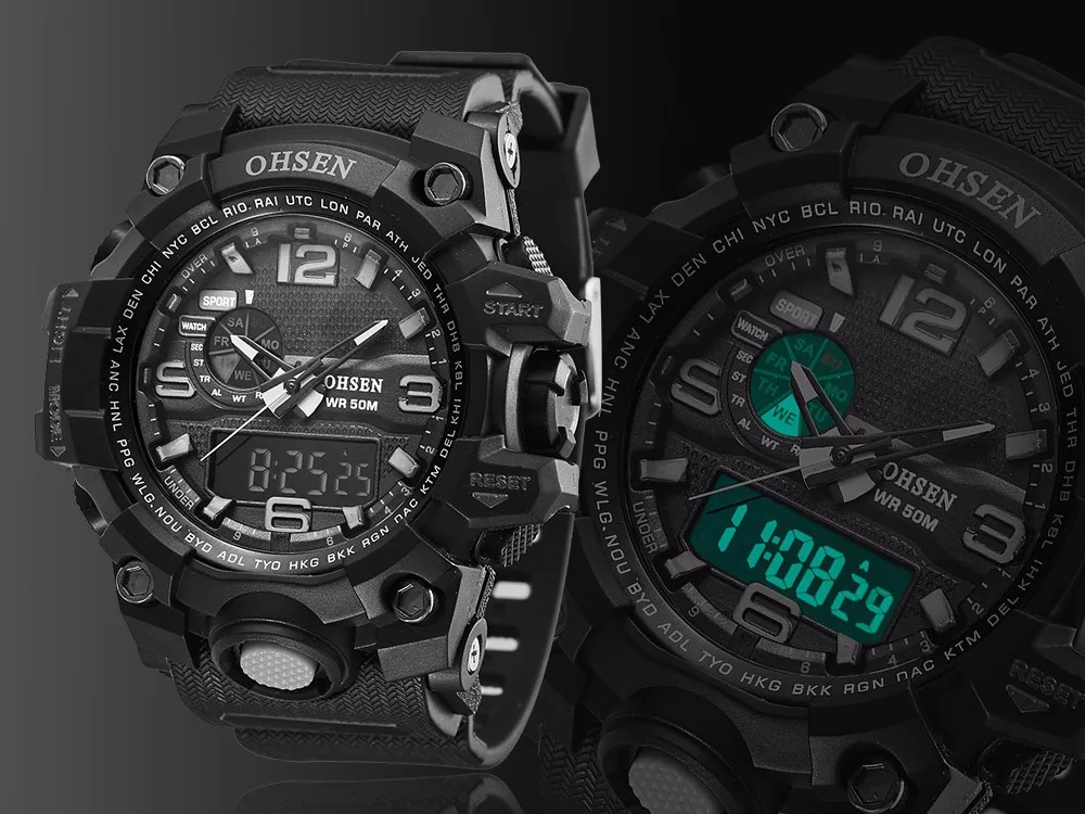 OHSEN брендовые черные Цифровые кварцевые Военные Наручные часы relogio masculino будильник Дата 50 м водонепроницаемые мужские часы для плавания