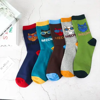 

New Mid Crew Socks Cartoon Men Funny Wear Sunglasses Cat Socks Comfortable Breathable Socks chausette homme