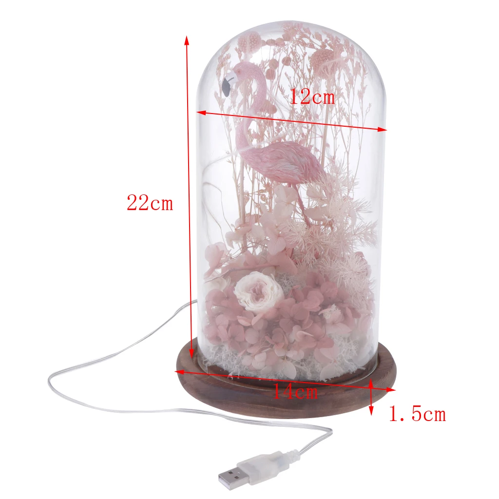 Flamingo and Flowers with LED Light In Glass Dome for Home Decoration