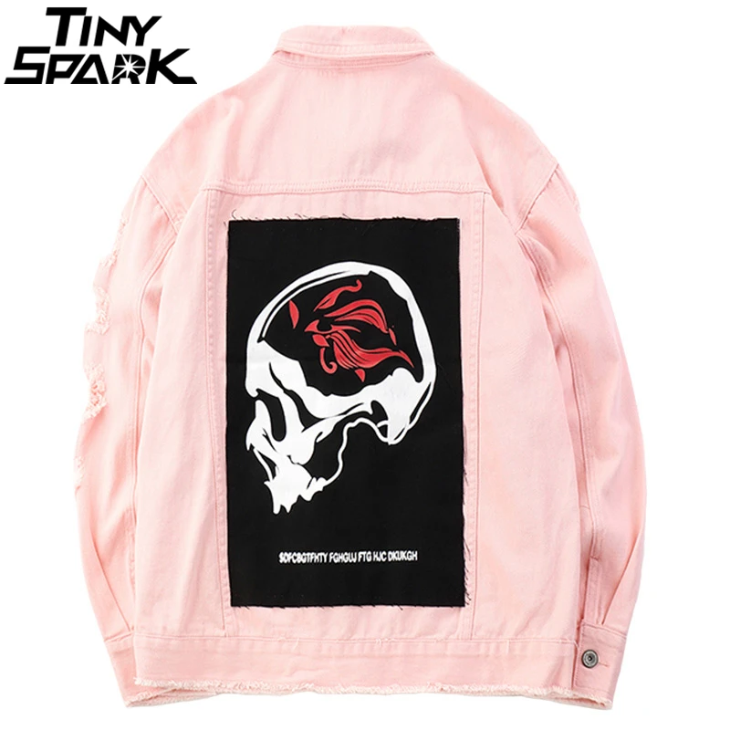 Mens Pink Denim Bomber Jackets Ripped Holes Jeans Jacket Streetwear