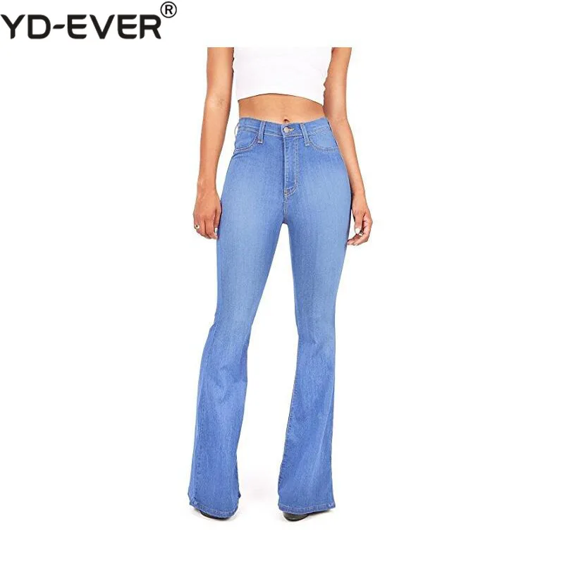 Mujeres Flare Alta Para Coreano Vaqueros azul Vintage Pantalones Cintura azul Jeans La Cielo Oficina negro Blanqueado marrón De Ancho Patchwork Beige Denim Pierna qnItwaXYY6