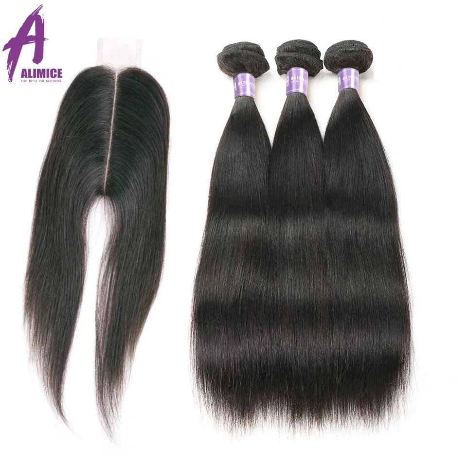 Alimice Human Hair Bundles With Closure Brazilian Straight Hair 23 Bundles With 26 Closure Middle Part NonRemy Hair Extensions (5)