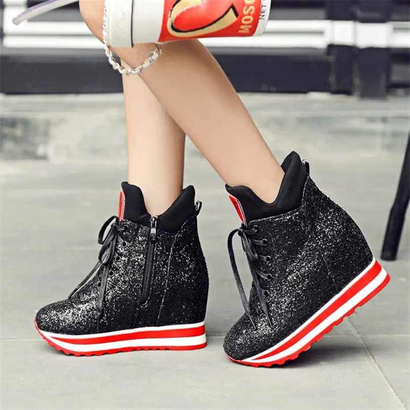 

NAYIDUYUN Winter Wedge High Heels Women Lace Up Warm Party Pumps Round Toe Platform Sneakers Chic Sequined Cloth Casual Shoes