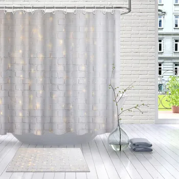 

LB White Brick Wall Christmas with Shiny Light Waterproof Polyester Shower Curtain And Mat Set Bathroom Fabric For Bathtub Decor