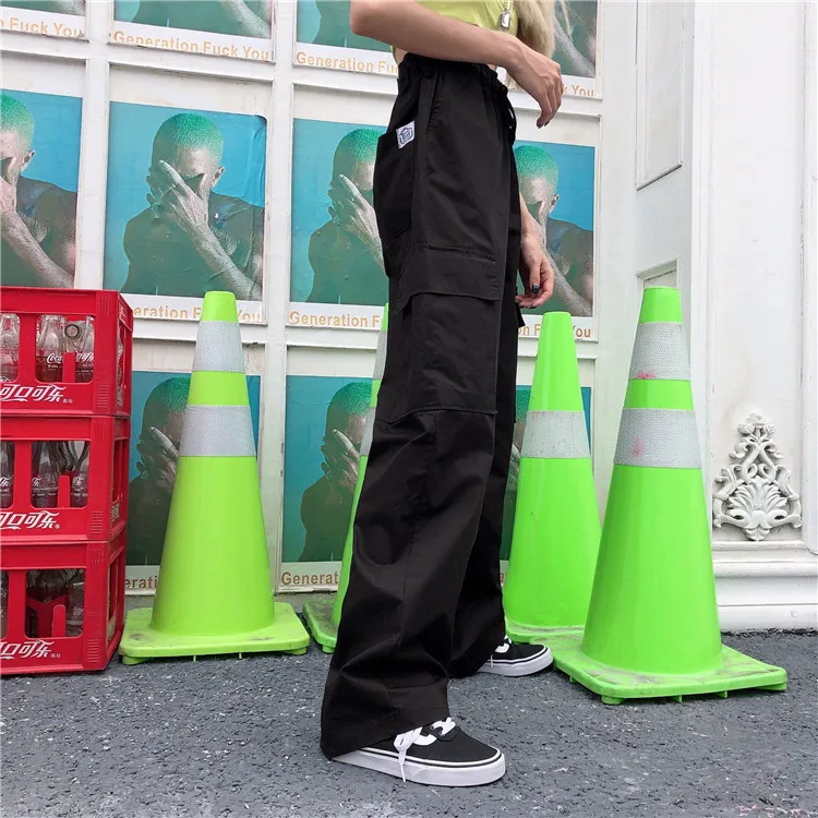 Эластичные штаны на шнуровке с высокой талией женская уличная одежда свободные карманы Harajuku прямые широкие брюки Корейский унисекс