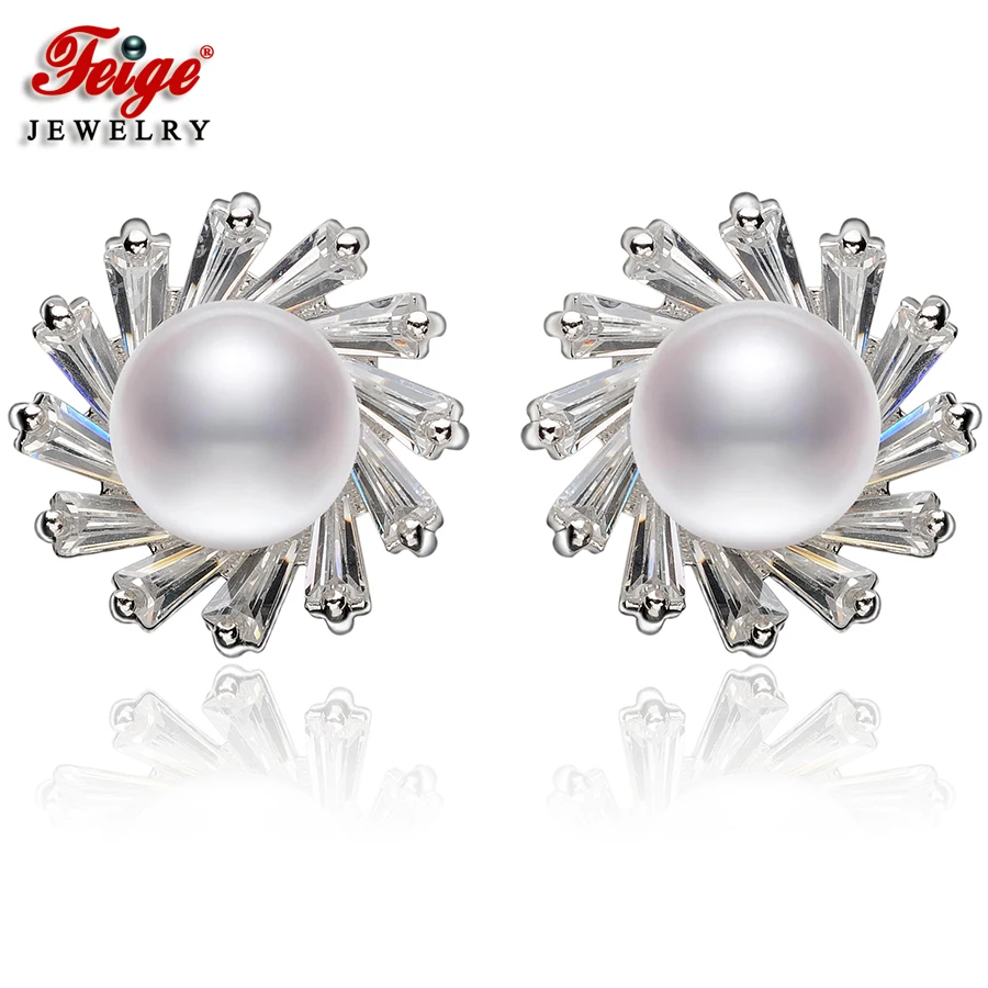 

FEIGE High quality 7-8mm White Natural Freshwater Pearls Stud Earring Genuine 925 Sterling Silver Earrings Bride Pearl Jewelry