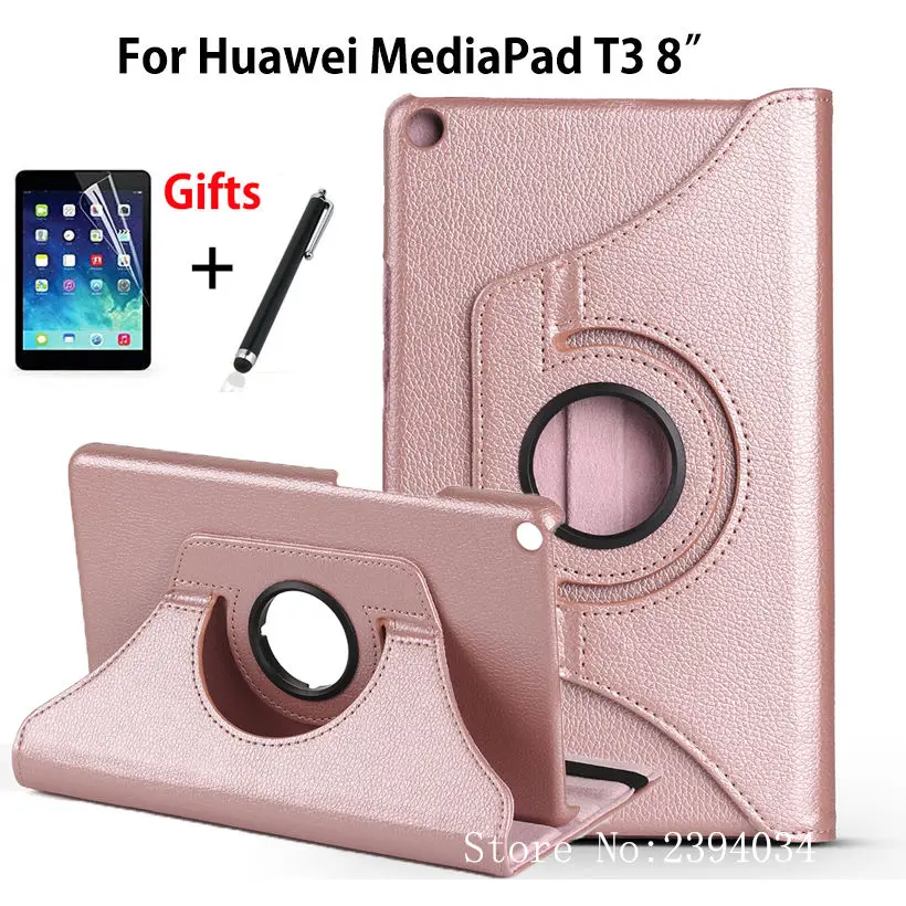 

Case For Huawei MediaPad T3 8.0" KOB-L09 KOB-W09 Cover 360 Rotating Funda Tablet For Honor Play Pad 2 8.0 PU Skin Case+Film+Pen