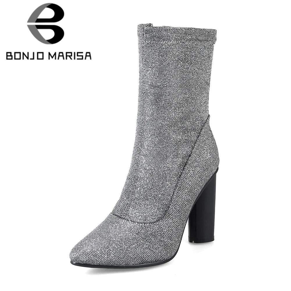 

BONJOMARISA Winter Plus Size 33-45 Solver Ankle Booties Women High Heels Pointed Toe Fur Sock Boots Ladies Date Shoes Woman