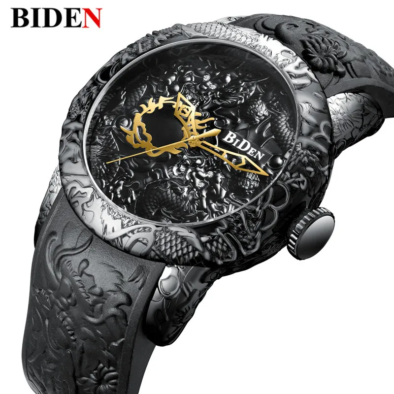 BIDEN мужские часы Топ бренд класса люкс 3D гравировка Дракон Relogio Masculino кварцевые
