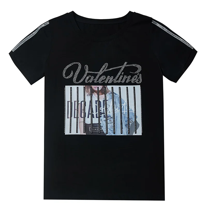 

2019 Summer Diamonds Print funny T Shirt Women Cotton Short Sleeve White T-Shirts Female Fashion Korean Black Tee Shirt Femme