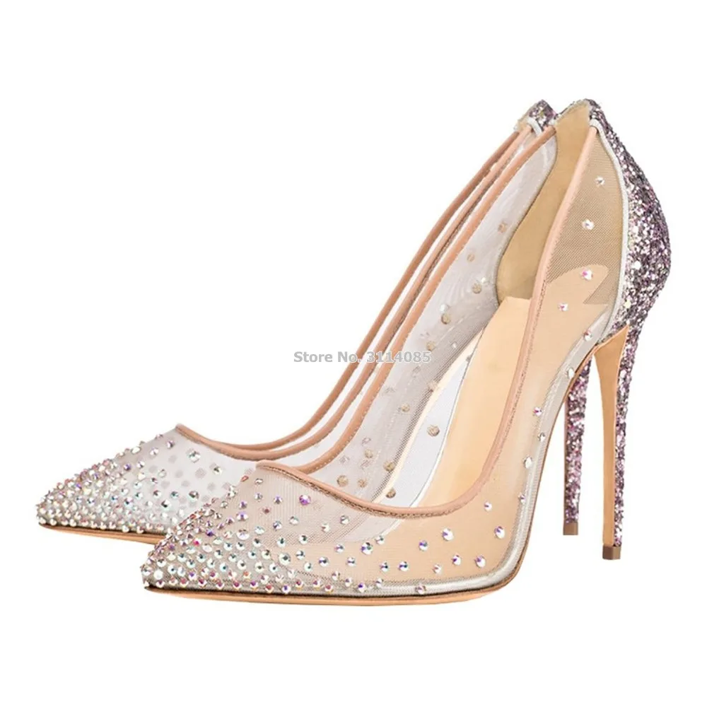 

Women New Year Bling Bling Crystal Wedding Shoes Nice Mesh Decorated See-Through Banquet Shoes Sequined Pumps Shining Shoes
